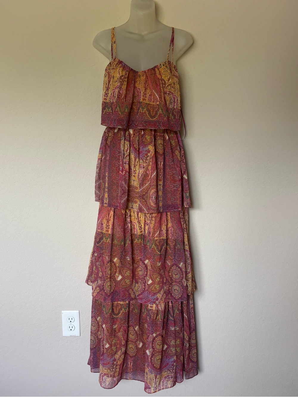 Vici Pink & Gold Paisley Tiered Maxi Dress